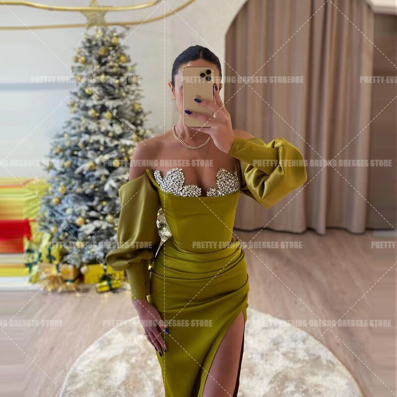 Von der Schulter grüne Abendkleider Frau Meerjungfrau Applikation Schatz Seite geteilt formelle Party Ballkleider Vestidos de Fiesta