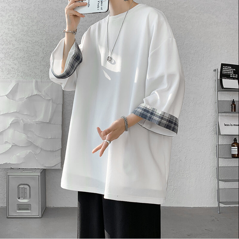 Camisa xadrez masculina e feminina tamanho grande, roupa casual com mangas sete, branca, estilo coreano, aid, modelo primavera e verão