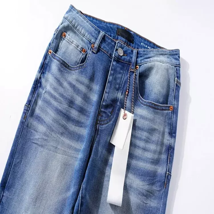 Celana Denim jalanan 2024ss merek ROCA ungu kualitas terbaik biru muda kaki lurus bergaris Jeans antik pas badan