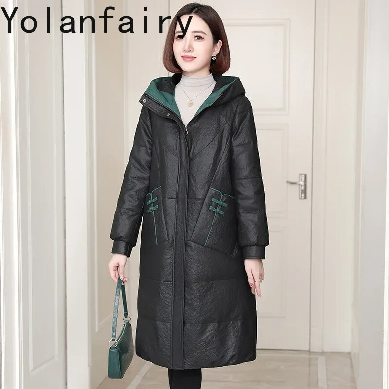 100% Genuine Sheepskin Leather Jacket Women Winter Mid-length Hooded Down Coats Women Real Leather Coat Down Jackets Chaquetas
