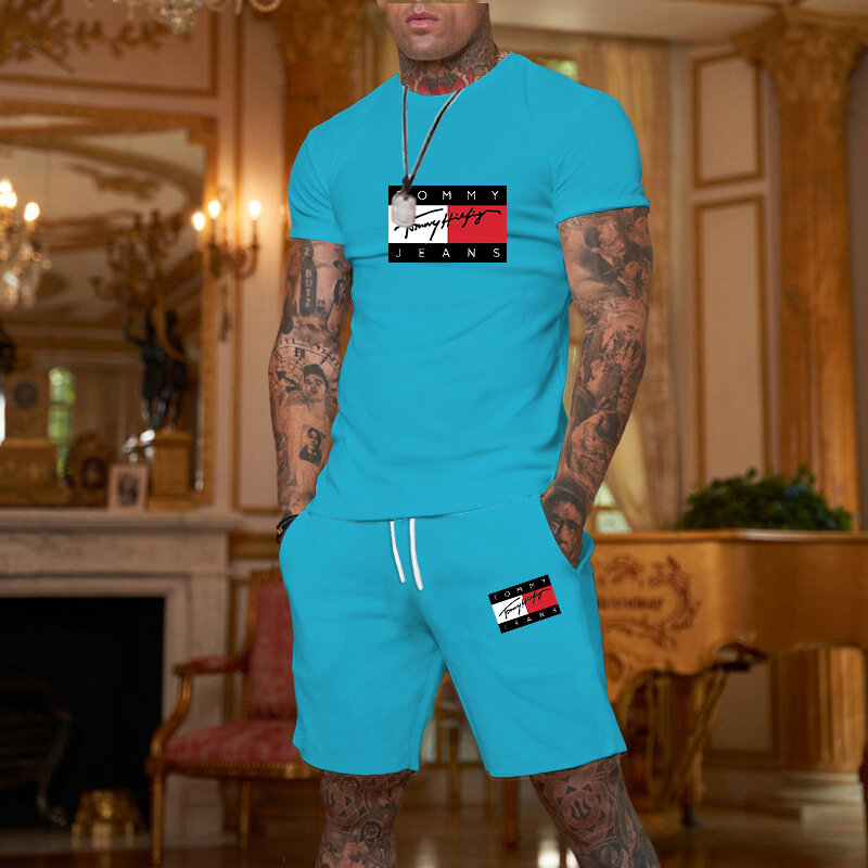 T-shirt estiva da uomo T-shirt da uomo con stampa 3D a righe manica corta + pantaloncini Set da 2 pezzi oversize Casual Beach Sport Man Suit
