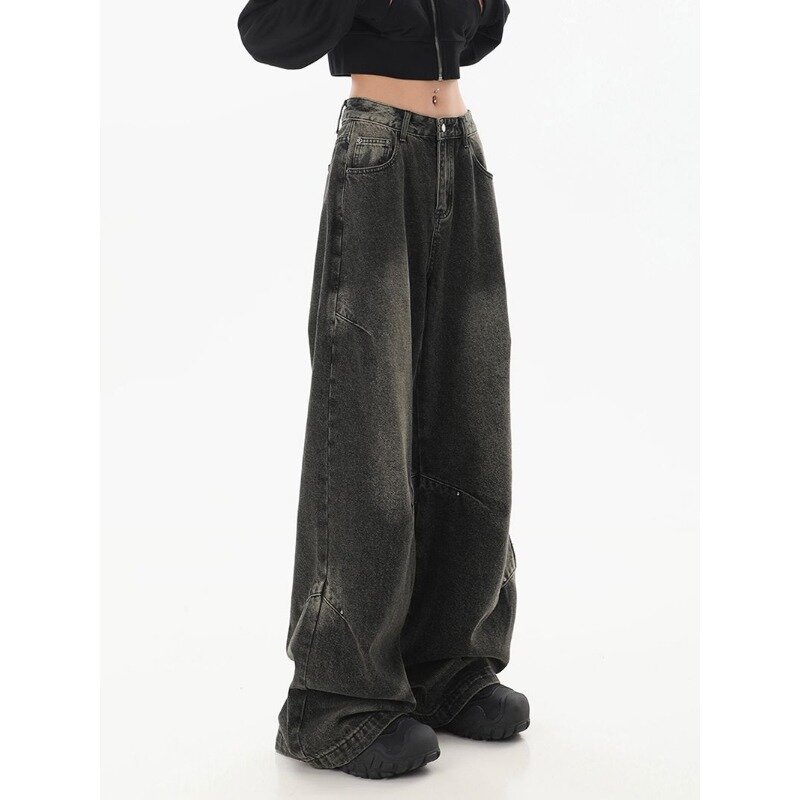 Deeptown Y2k Vintage hitam Jeans wanita Streetwear celana Denim longgar kaki lebar Harajuku celana Korea Goth Musim Semi 2024 Amerika