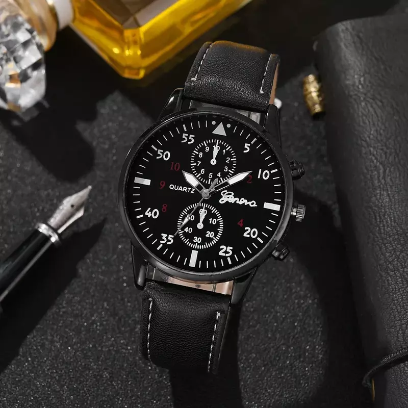 Men's Luxury Brown Leather Sports Watch Set, relógio de pulso de quartzo, bracelete Business, relógio casual, sem caixa, 4 pcs, 2 pcs, 1pc