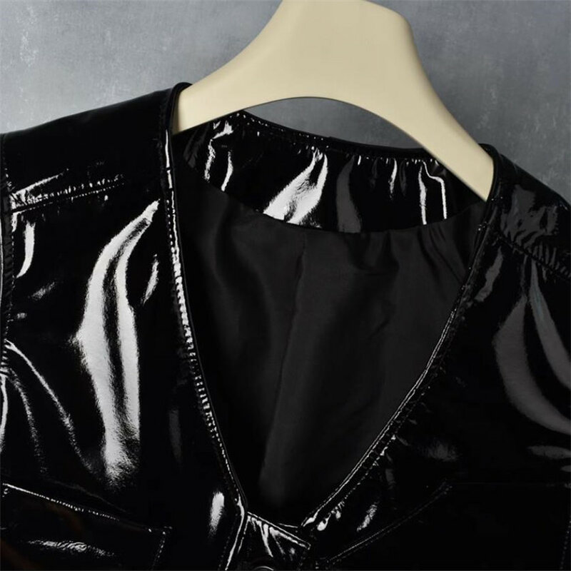 여성용 진짜 가죽 특허 가죽 조끼, 짧은 V넥 패션, 유광 루즈 조끼, 민소매 재킷, Y4176