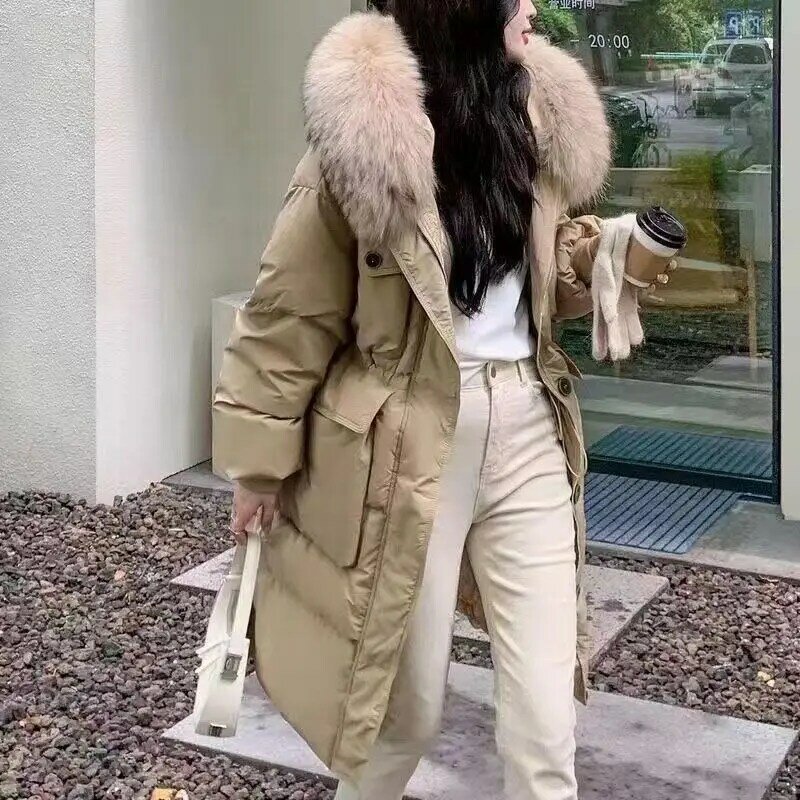 Jaqueta casual feminina com capuz, casaco grosso quente, Parkas longas à prova de vento, outwear feminino, moda, inverno, R472