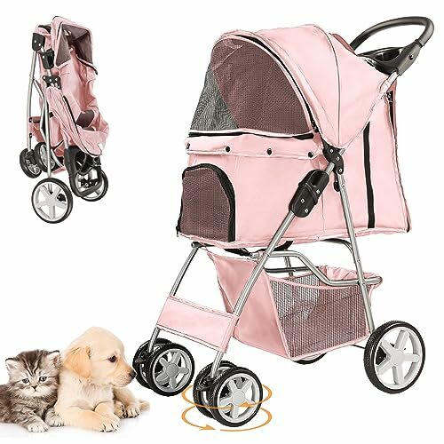 Cochecito de Mascota para perros pequeños y CatsQuick, cochecito de viaje portátil plegable con cesta de almacenamiento y portavasos, 4 ruedas