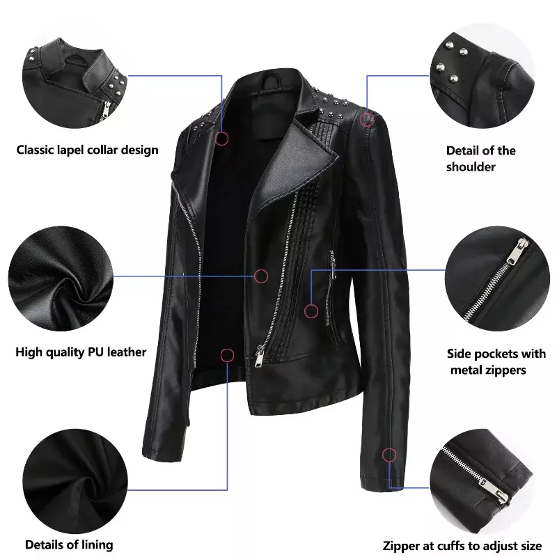 BTQWFD jaket Rivet sepeda motor kulit PU, pakaian luar mantel lengan panjang musim gugur musim dingin 2023