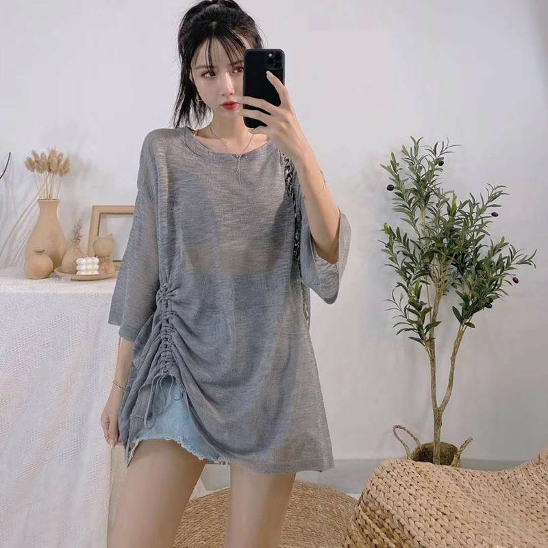 Fashion O-Neck Knitted Solid Color Shirring Bandage T-Shirts Female Clothing 2024 Summer New Loose Korean Tops Casual Tee Shirt
