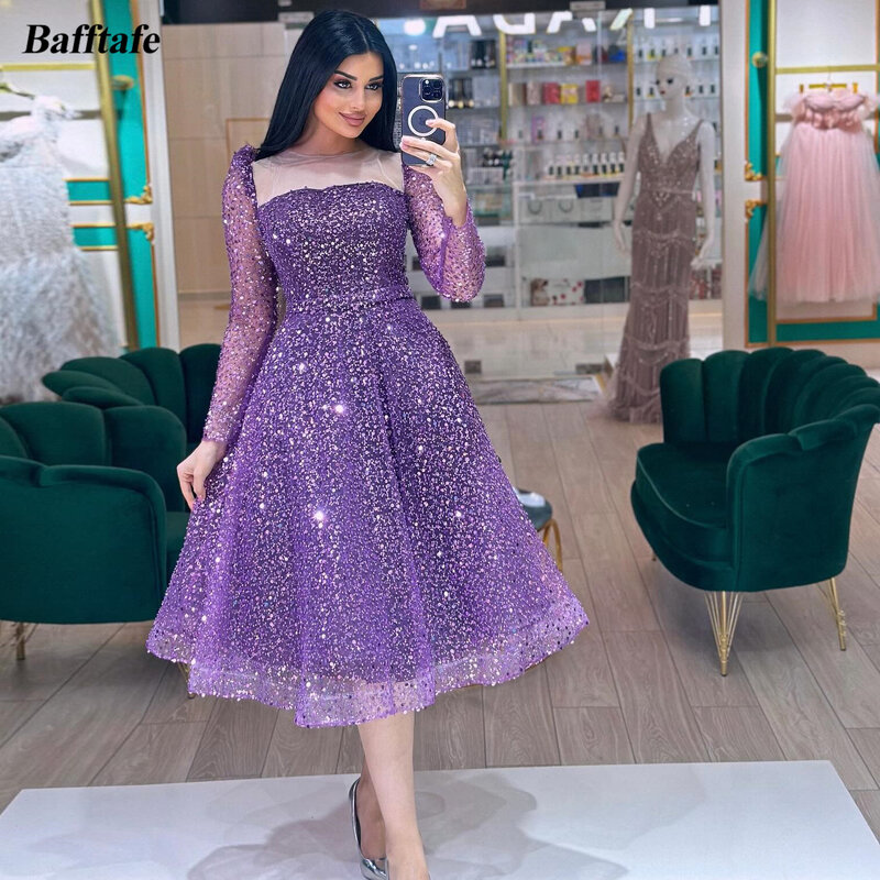Bafftafe Purple Shiny Glitter Sequin Formal Prom Dresses Long Sleeve Tea-Length Women Special Party Gowns Evening Dress 2024
