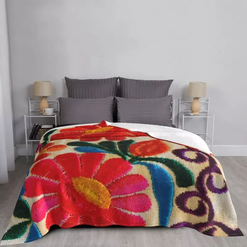 Mexican Flowers Embroidery Art Blanket 3D Printed Soft Fleece Warm Floral Folk Throw Blankets for Office Bedroom Couch Quilt
