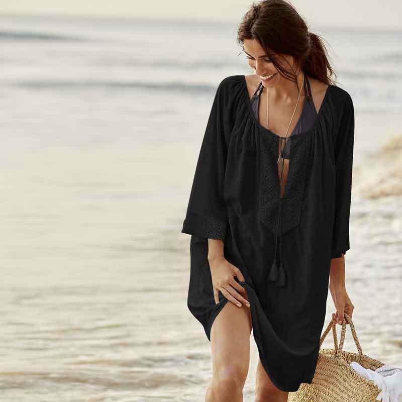 2023 nova chiffon rendas retalhos seaside férias protetor solar feminino praia blusa roupas azul