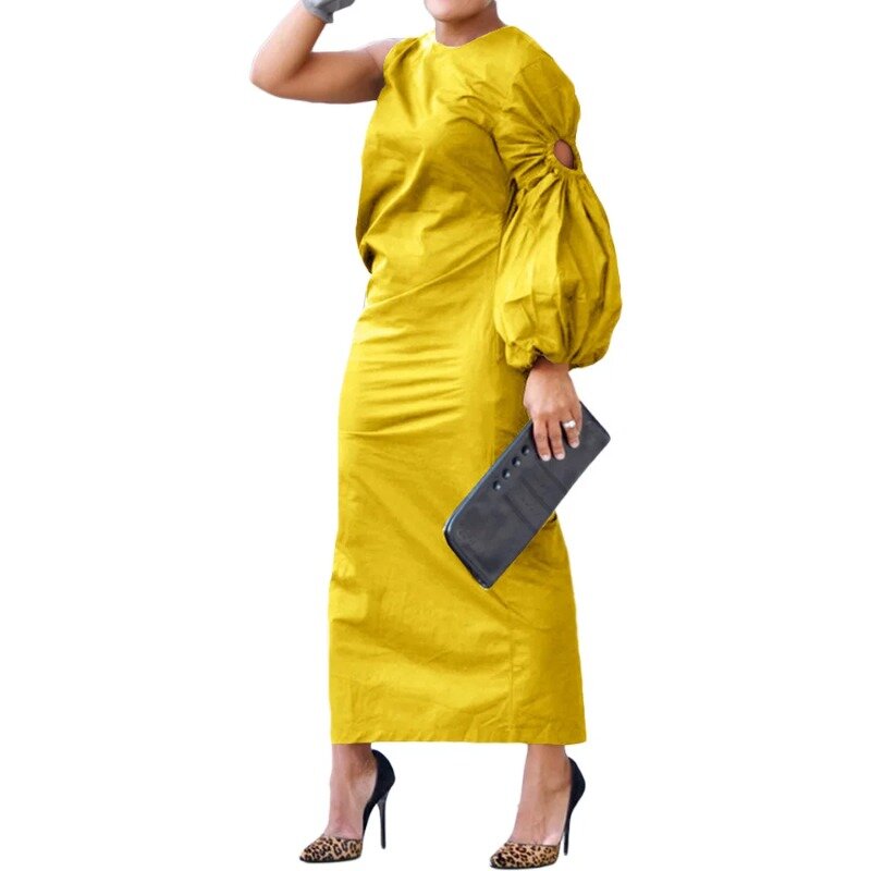 African Dresses for Women 2024 Spring Autumn African O-neck Long Lantern Sleeve Solid Color Long Bodycon Dress African Clothing