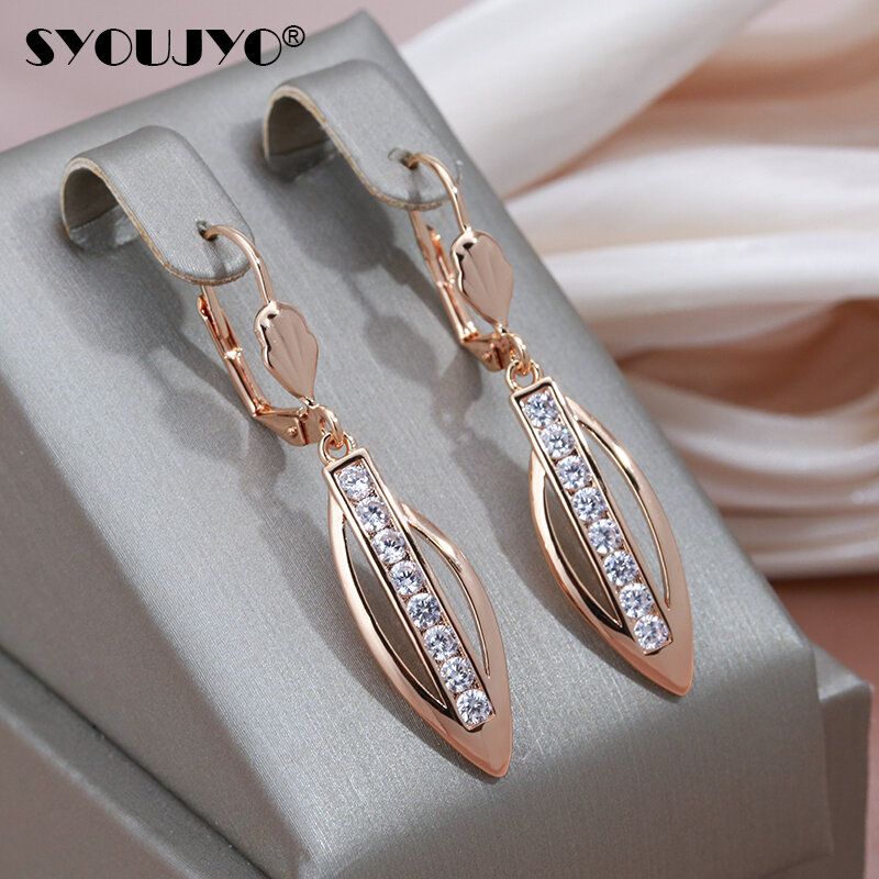 SYOUJYO Delicate 585 Rose Gold Farbe Baumeln Ohrringe für Frauen Shiny Natural Zirkon Moderne Täglichen Einfach Passenden Mode Schmuck