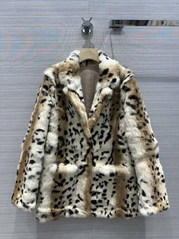 2024 Spring New Women's Wear Luxury Noble Leopard Print Rabbit Fur Lapel Fur Coat 0112