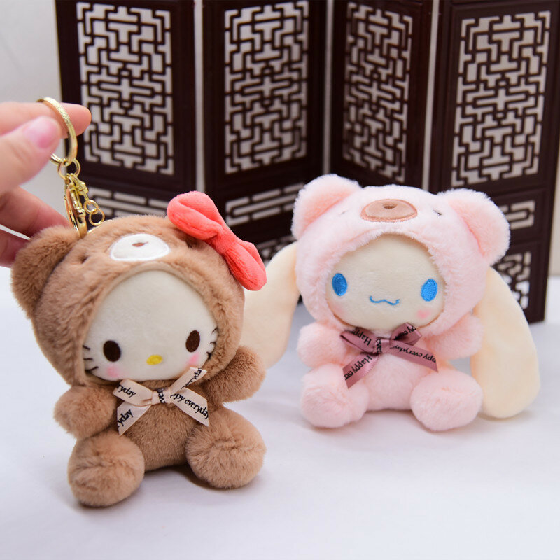 산리오 곰 되기 봉제 열쇠고리, 시나모롤 애니메이션, 귀여운 여아용 키체인, 카와이 방 장식, 휴일 선물, 여아용 장난감