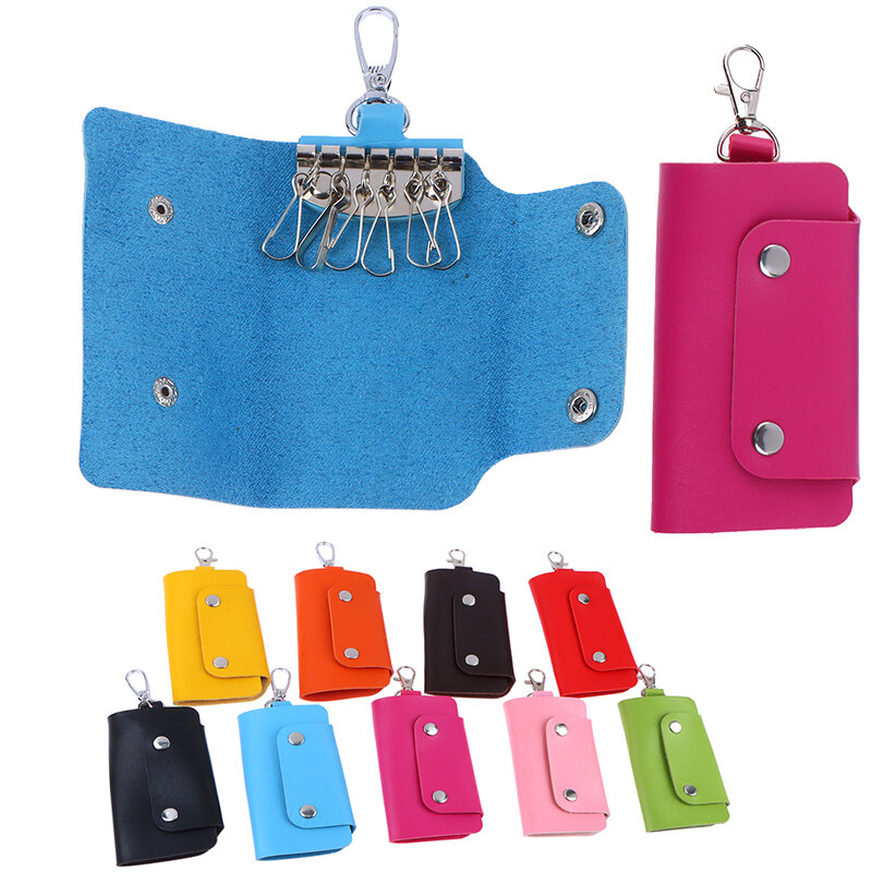 1 buah tas penyimpanan warna polos sederhana portabel, sarung dompet uniseks pemegang gantungan kunci mobil