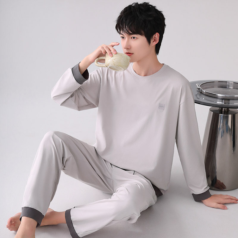 Conjunto de pijama masculino com gola redonda, mangas compridas, calças compridas soltas, roupa de dormir masculina, moda simples, primavera, outono