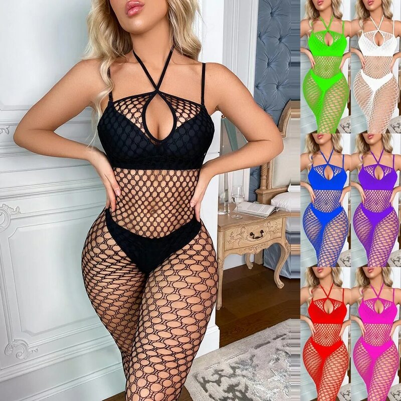 Lingerie wanita jumpsuit jaring ikan pakaian dalam transparan stoking tubuh Bodysuit pakaian tidur tembus pandang gairah erotis seksi
