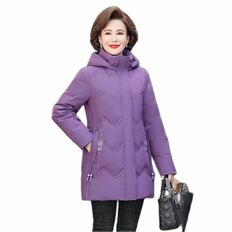 중년 및 구식 여성 패션 코트, 루즈한 어머니, 겨울 신상 후드, 화이트 덕 다운, 롱 캐주얼 따뜻한 코트