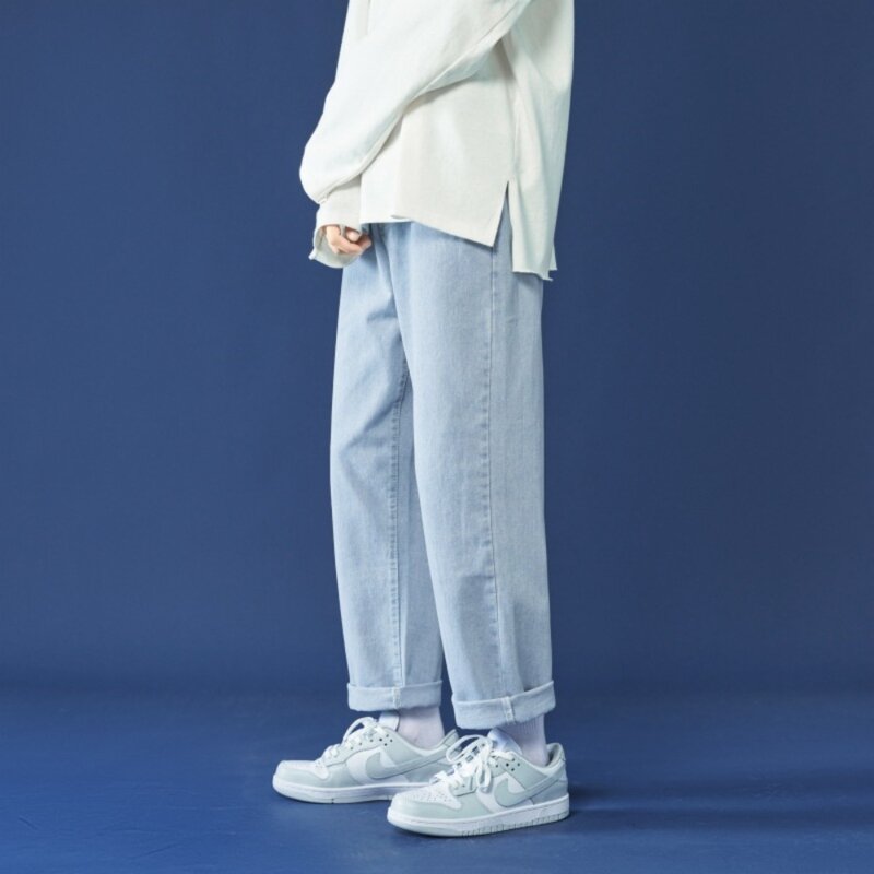 Calça jeans com comprimento esticado no tornozelo masculina, azul claro, algodão, calça jeans justa, pano de marca masculina, moda casual, coreana, nova, 2024