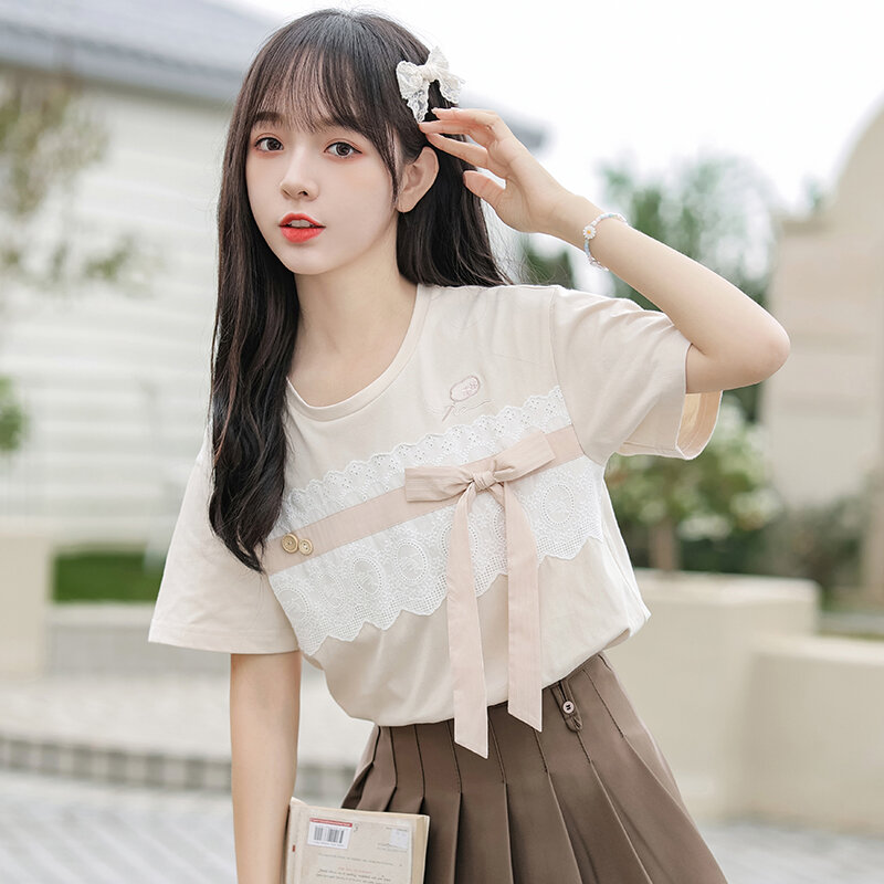 LKSK New Little Fresh Sweet Tie Up Bow Short Sleeve T-shirt Women's Loose Embroidery T-shirt Student Lace Top Summer