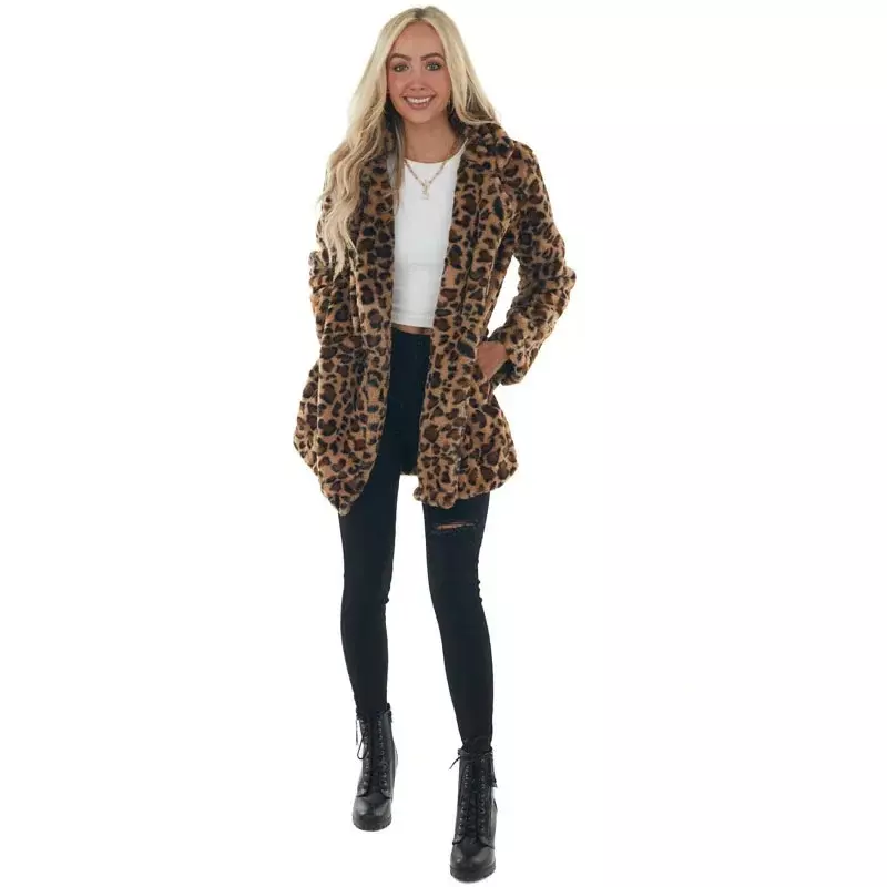 Abrigo de piel sintética de lana para mujer, chaqueta de leopardo, ropa de calle, chaquetas cálidas, moda elegante, abrigos de manga larga para mujer, 2023