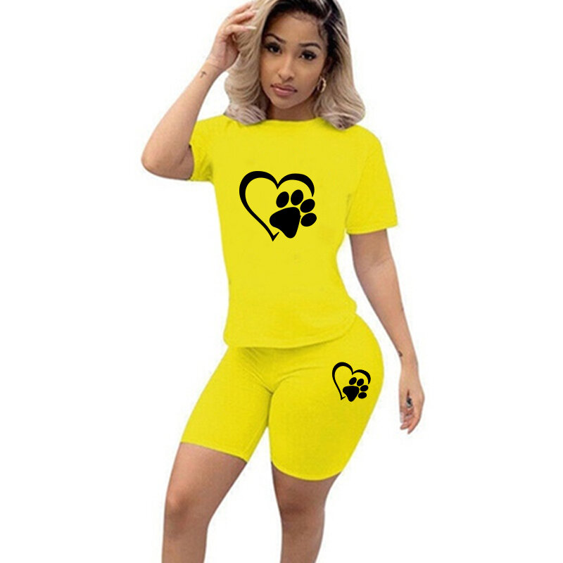 Two-piece Fashion Womens Clothing Short-sleeved Crew Neck T-shirt and Tight-fitting Shorts Tracksuit Outfit