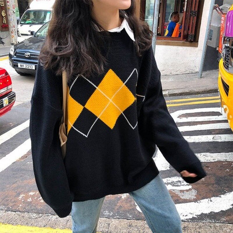 Women Vintage Fashion Oversized Pullovers Knitted Sweater Autumn Korean Girl College Style Women Jumper Spring Loose Sweaters