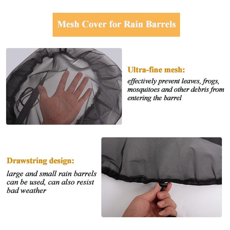 Tonneau de pluie à couverture en maille avec ficelle de proximité, barils de collecte, écran de filet, garde les feuilles et les débris à l'extérieur