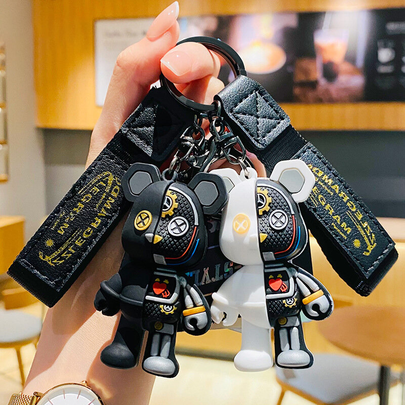 Cartoon Grappige Half Schedel Lichaam Robot Mechanische Beer Sleutelhanger Mode Punk Dier Sleutelhanger Autotas Hanger Sleutelhangers Paar Cadeau
