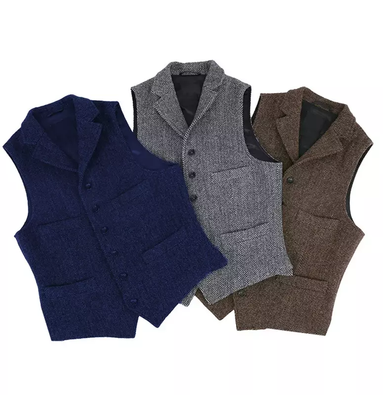 2024 Mens Vest Classic Brown Suit Wool Tweed Notch risvolto gilet a spina di pesce Groomsmen cappotto invernale per il matrimonio