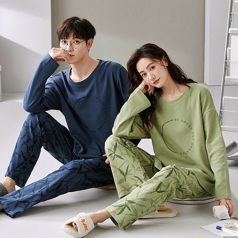 Пижамный комплект для пар, хлопковая одежда для сна, брюки с длинным рукавом, корейский стиль, большие размеры, осень