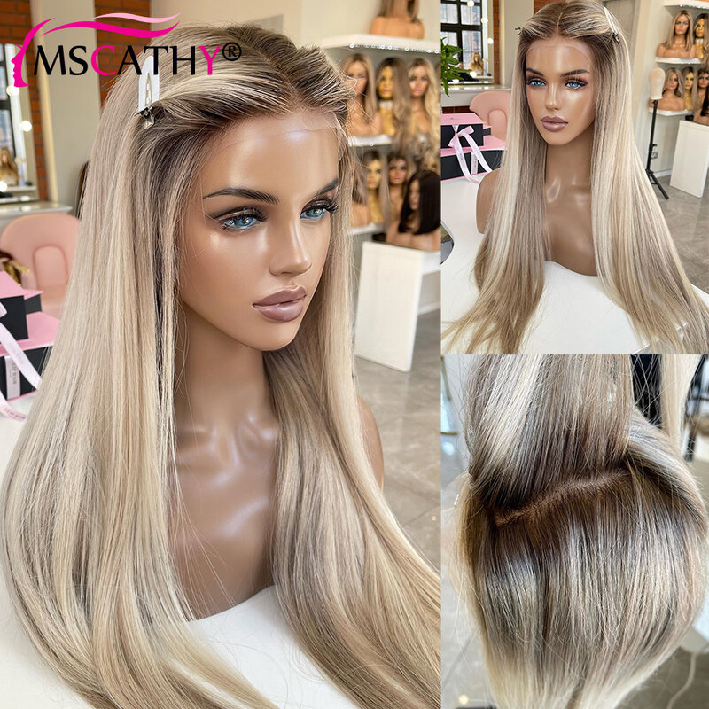 Ash Blonde Highlight Lace Front Perucas para mulheres, 13x4, peruca frontal de renda transparente Glueless HD, pronto para ir Fechamento de cabelo humano