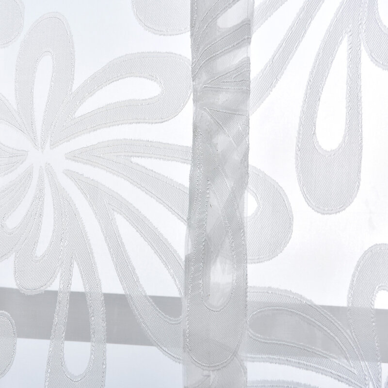 Cortinas cortas de cocina Jacquard, persianas romanas transparentes de flores blancas, panel azul de tul, tratamiento de ventana, puerta, decoración del hogar