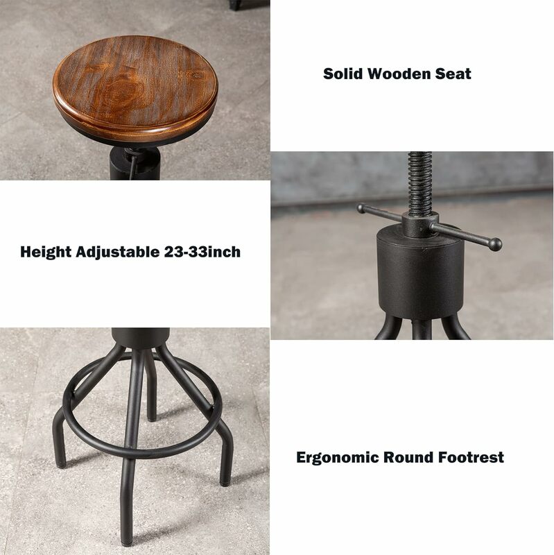 Ajustável Industrial Bar Stool, cadeira giratória Counter café, altura extra Pub, 22-33 Polegada, conjunto de 2