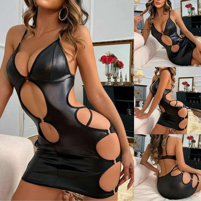 Summer PU Leather Black Tight-Fitting Jumpsuit Women's Hanging Neck V-Neck Slim Shorts Jumpsuit Street Casual Clothing