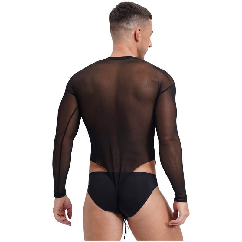 Bodysuit Pria melihat melalui seksi potongan tinggi renda selangkangan Romper lengan panjang Gay Pria T shirt kebugaran transparan mode Jumpsuit