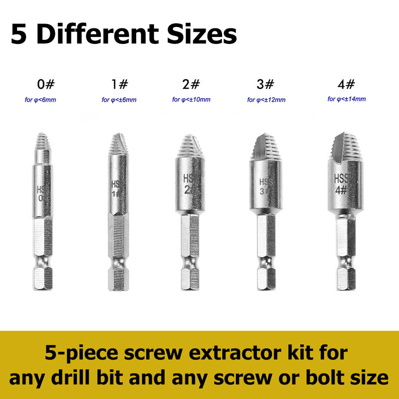 SenNan-Extractor de tornillos dañados, broca de acero de alta velocidad, doble, fácil de sacar, taladro lateral, Perno roto, 5 piezas