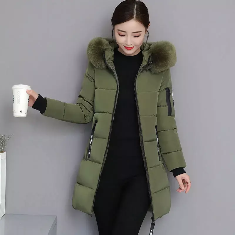 Winter Vrouwen Kleding Mid-Lengte Katoenen Jas Koreaanse Mode Jas Grote Bontkraag Jas Warm Houden Slim Fit met Kap Designer