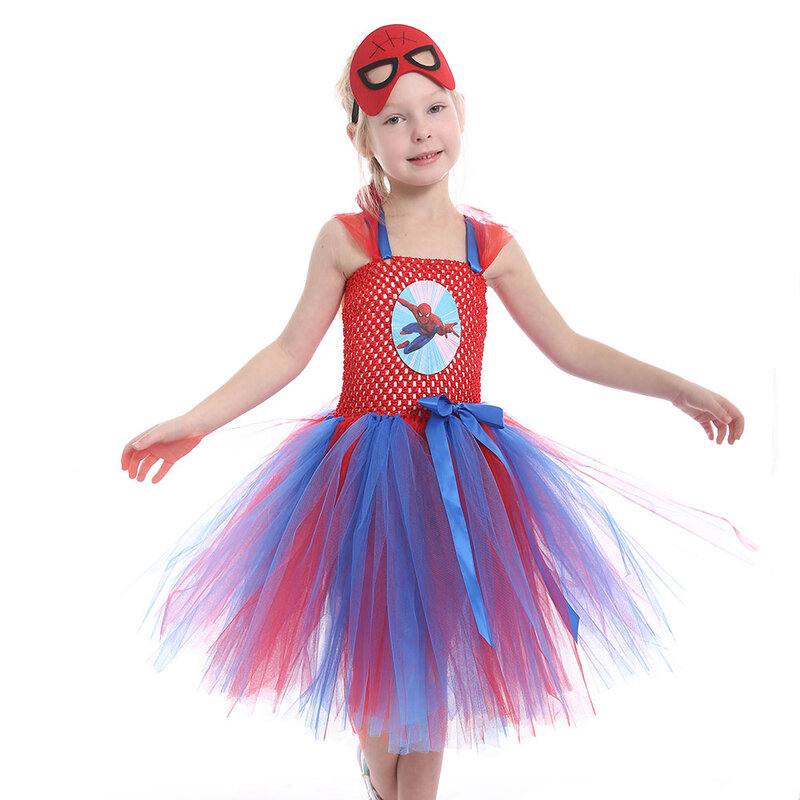 女の子のためのスーパーヒーローのスパイダーマンの衣装,ハロウィーンのための全身スカート,スーパーヒーローコスチューム,誕生日パーティーのためのチュール
