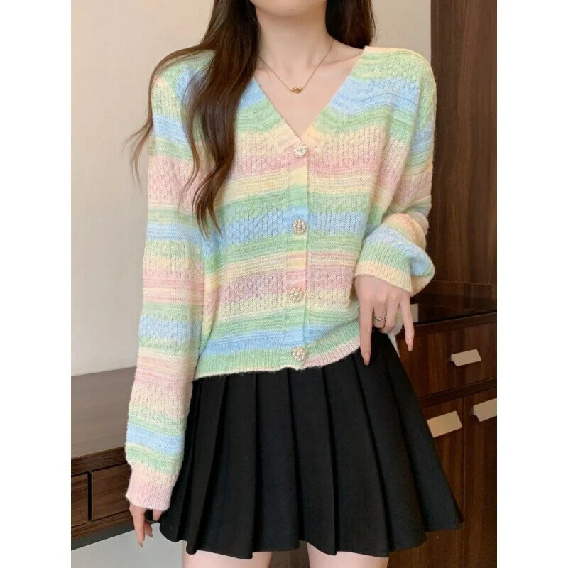 2024 Autumn Rainbow Striped Thin Hollow Knitted Cardigan Women Korean Style Gentle Loose Outerwear Sweater Coat