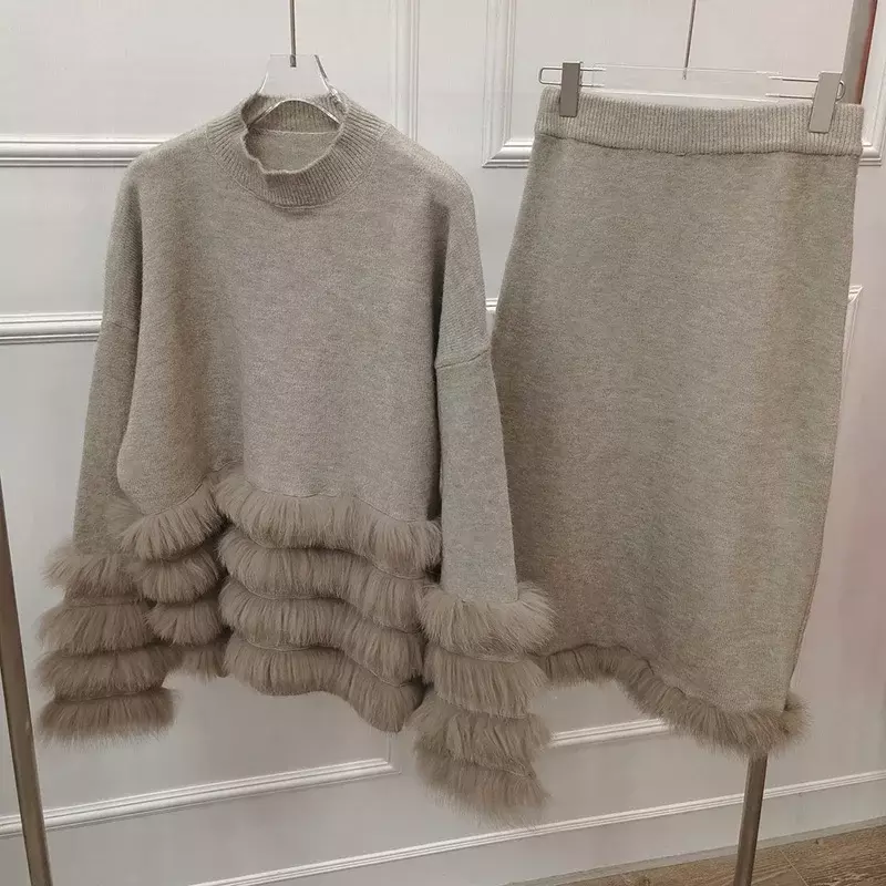 Lady's Sweater Skirt Set with Real Fox Fur Trim Cuff Fashion Ins Natural Fox Fur Jacket Women Autumn Winter Warm Clothing
