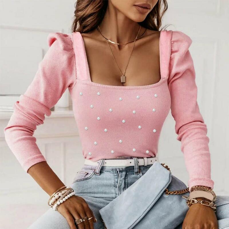 Soft Stretchy Long Sleeve Top Elegant Beaded Long Sleeve Blouse Square Neck Slim Fit Top Women's Spring Commute Wear Beaded Slim