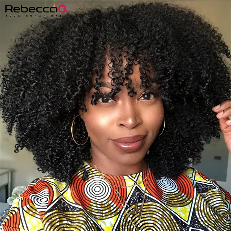 Peluca Afro rizada corta con flequillo para mujeres negras, cabello humano, sin pegamento, 250 de densidad
