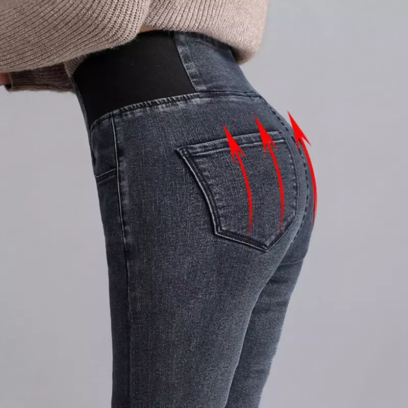 Jeans pensil wanita pinggang tinggi Korea, celana legging kasual ramping Vaqueros 92-102cm melar Vintage 38
