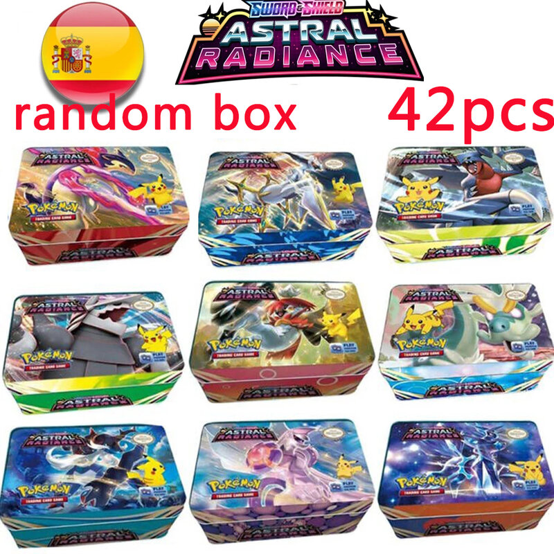 Cartes Pokémon Anime brillantes avec boîte en métal de fer, jeu de bataille astral, collection de jouets, cadeau de Noël pour enfants, 42 pièces