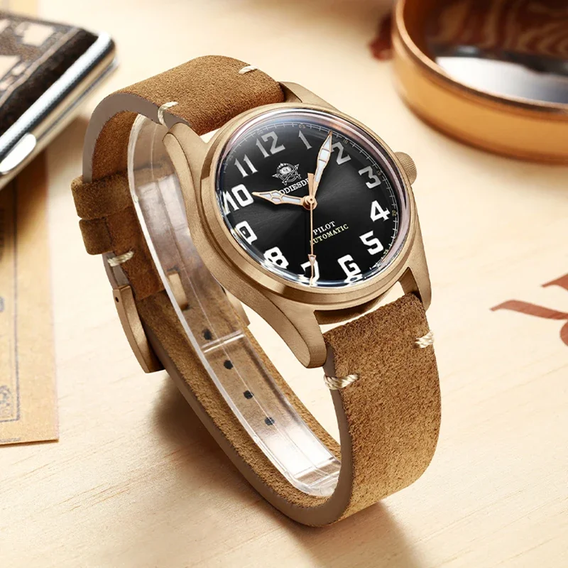 Addiesdive 39Mm Cusn8 Bronzen Automatische Mechanische Horloges Nh35a Saffier Glas Lederen Lichtgevende 200M Duik Mannen Horloge Reloj Hombre