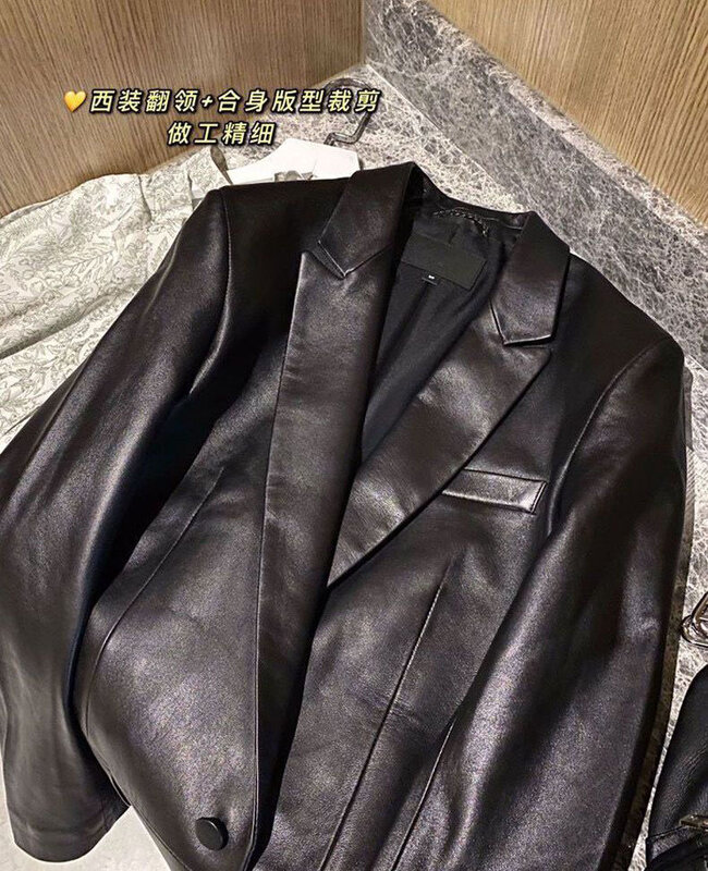 New Fashion Women's Suit Genuine Leather Sheepskin Lambskin Coat for Female Spring Autumn Fall Outerwear High Street Black XL