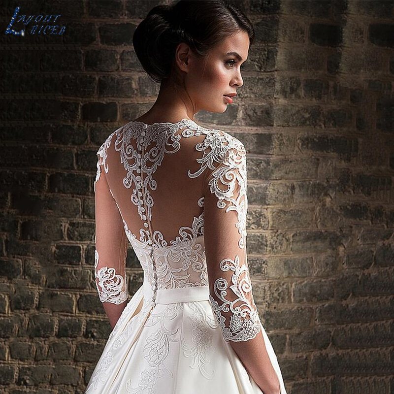 LAYOUT NICEB 3/4 Lace Sleeves Wedding Dresses Pocket Satin Vestidos De Novias Sweep Train Applique Bridal Ball Gowns Customized