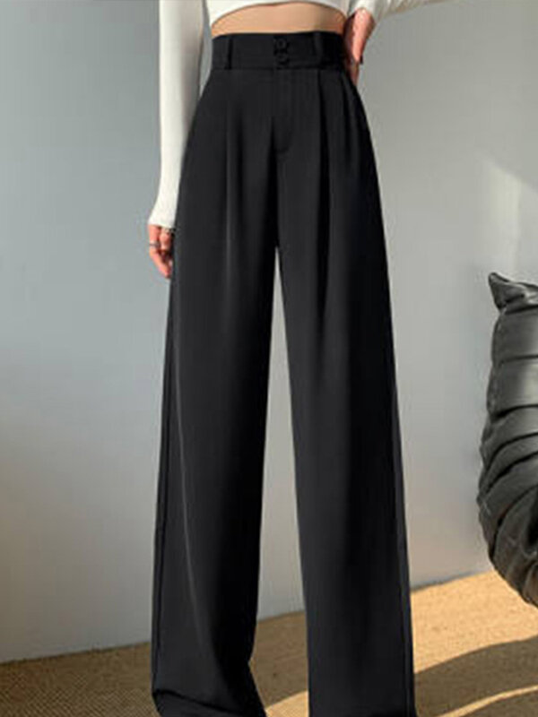 Брюки женские с завышенной талией и широкими штанинами, свободные прямые повседневные Костюмные брюки с двумя пуговицами, осень